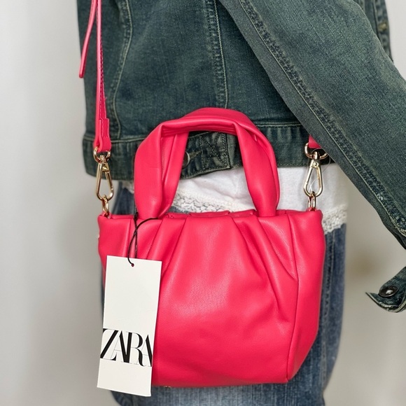 Zara Crossbody Bag handle Pink Fuchsia Mini Rose Gold Bag Soft Mini Purse New - Picture 6 of 16